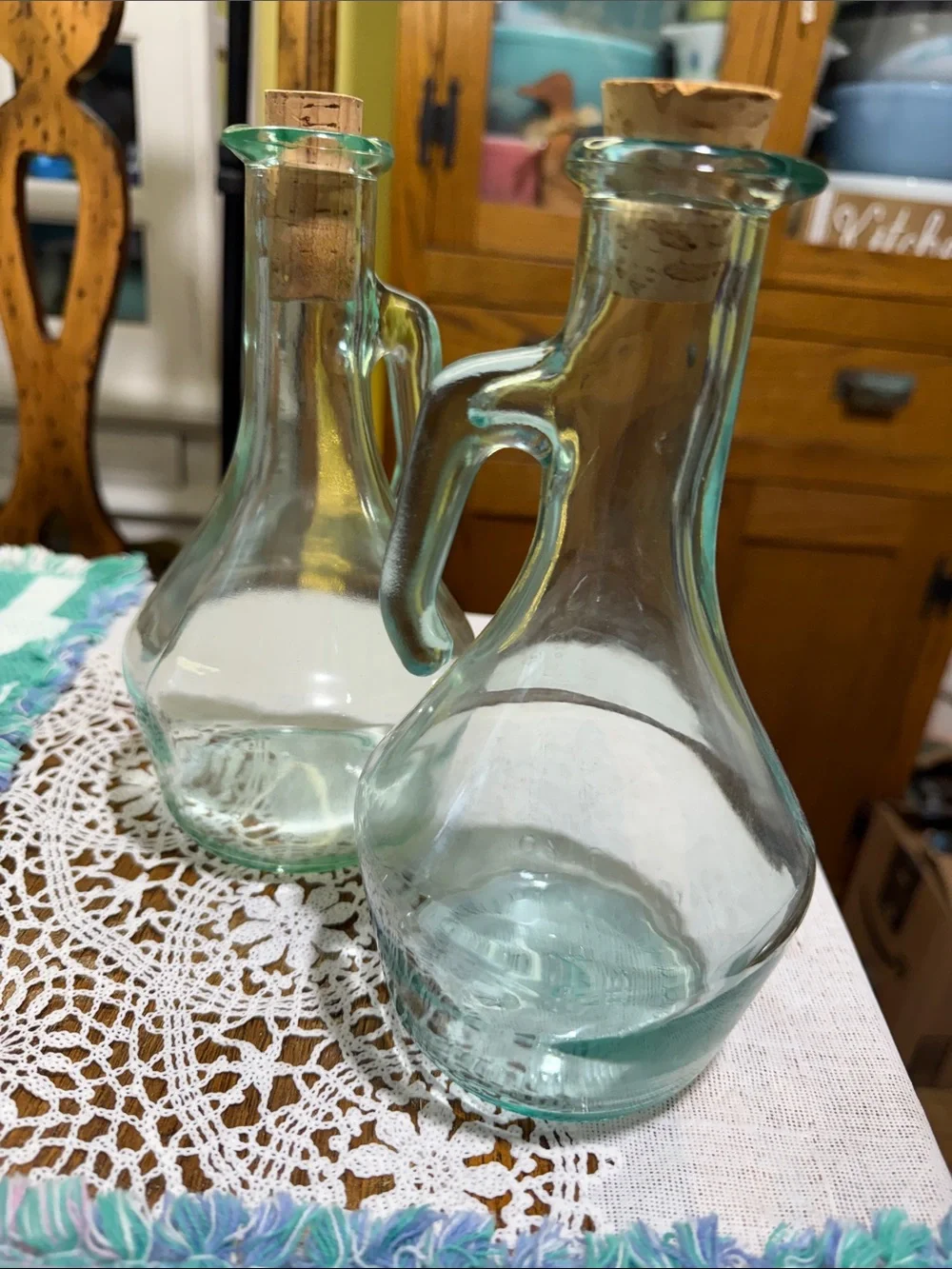 Set of 2 Clear tinted green Glass Olive Oil Cruets with Cork Stoppers